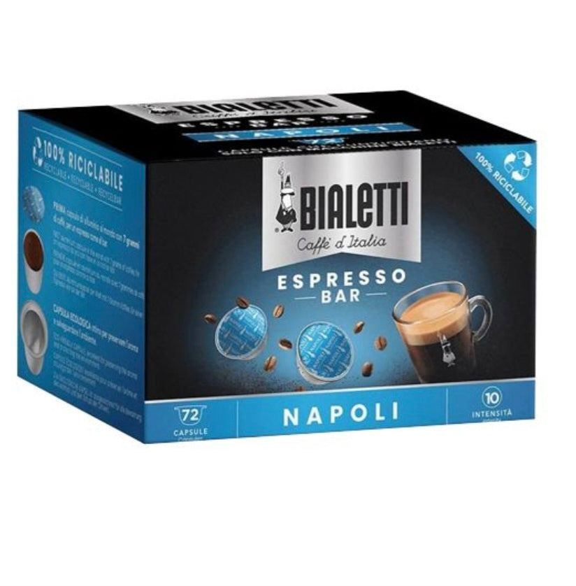 Bialetti Caffè d'Italia, Box 72 Capsule, Napoli, Intensità 10, Compatibili con Macchine Bialetti sistema chiuso, 100% Alluminio