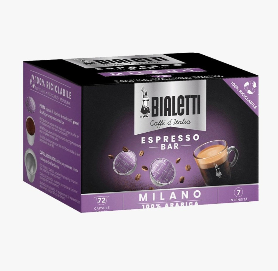 Bialetti Caffè d'Italia, Box 72 Capsule, Milano, Intensità 7, Compatibili con Macchine Bialetti sistema chiuso, 100% Alluminio
