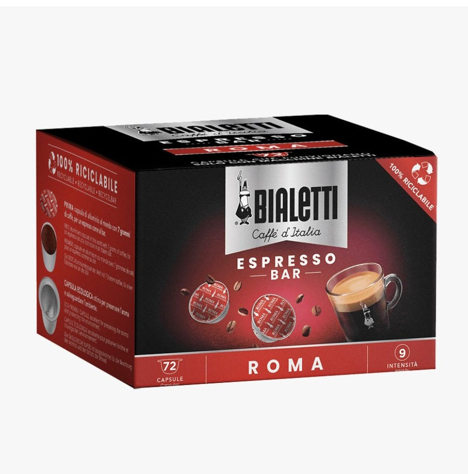 Bialetti Caffè d'Italia, Box 72 Capsule, Roma, Intensità 9, Compatibili con Macchine Bialetti sistema chiuso, 100% Alluminio